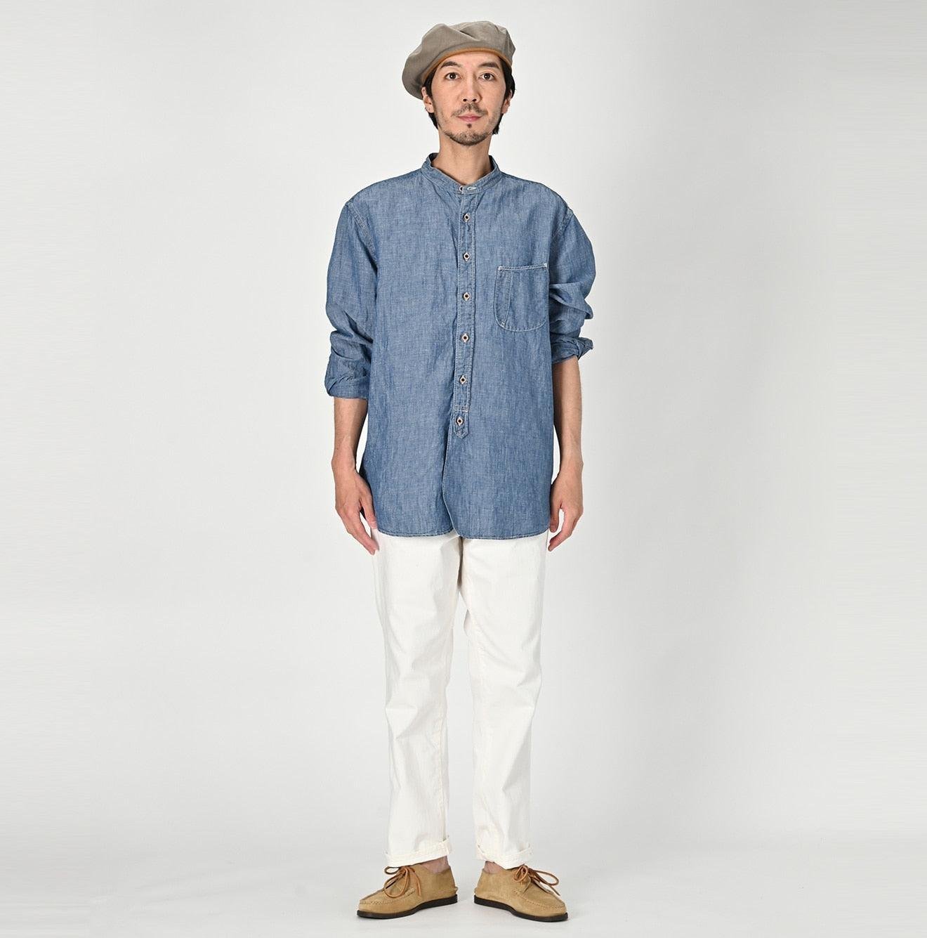 Cotton Linen Dungaree 908 Loafer Stand Collar Shirt Tan (Size 4) - Image 19